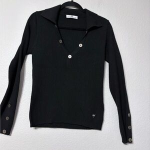 Woman’s Walter Genuin Black Cashmere Wool Blend Polo Style Sweater Metal Buttons